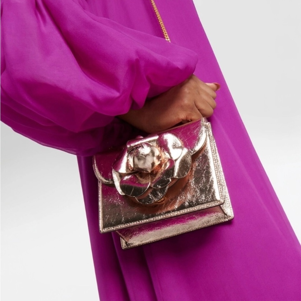 Oscar de la Renta Tro Rose Gold Metallic Crinkle Leather Mini Chain Shoulder Bag